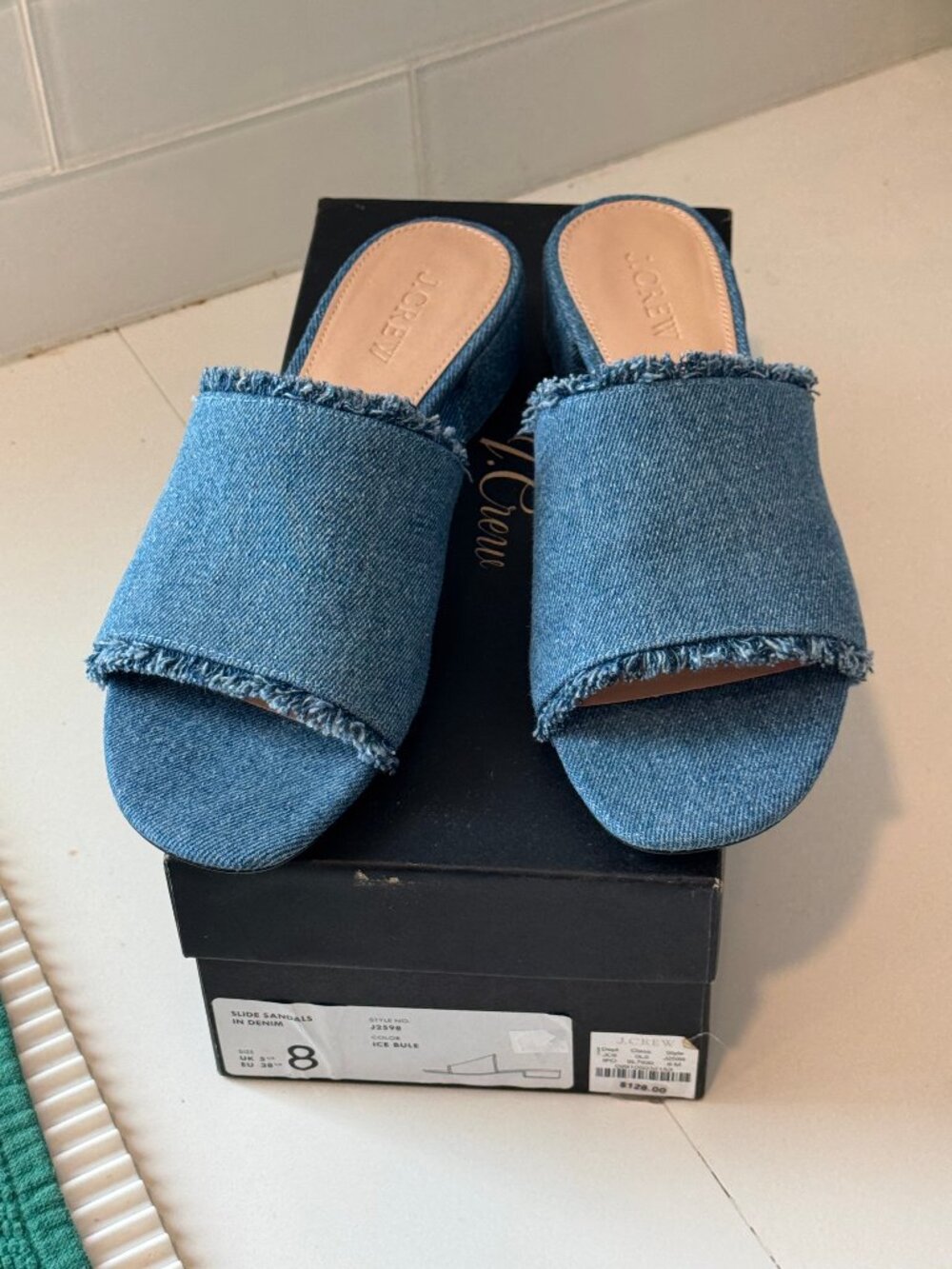 J.Crew Denim Heeled Slide Sandals Mules Icy Pool Size 8 NWT